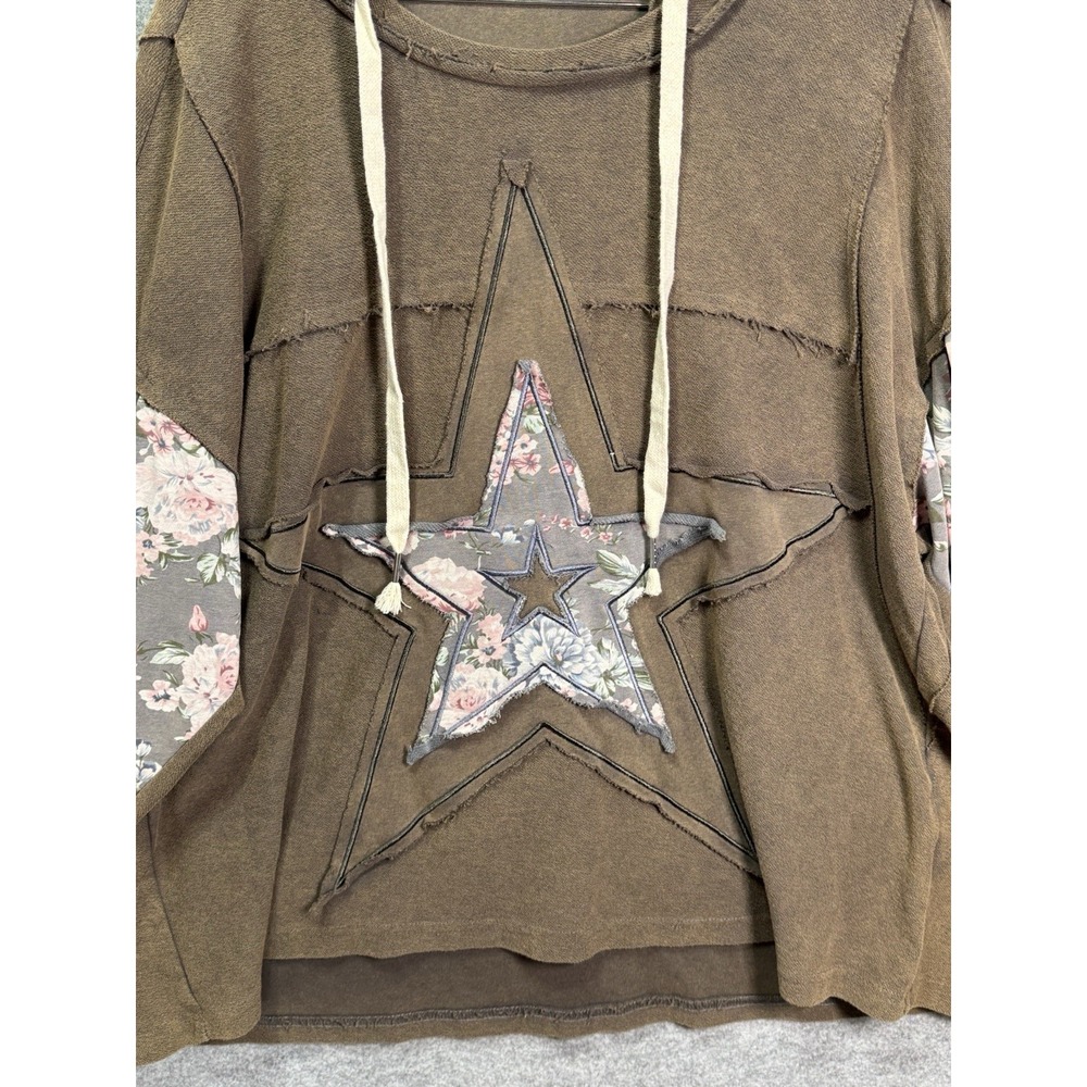 POL Women's L Brown Floral Patchwork Oversized Hoodie Boho Star Appliqué, Cotton - Picture 13 of 13